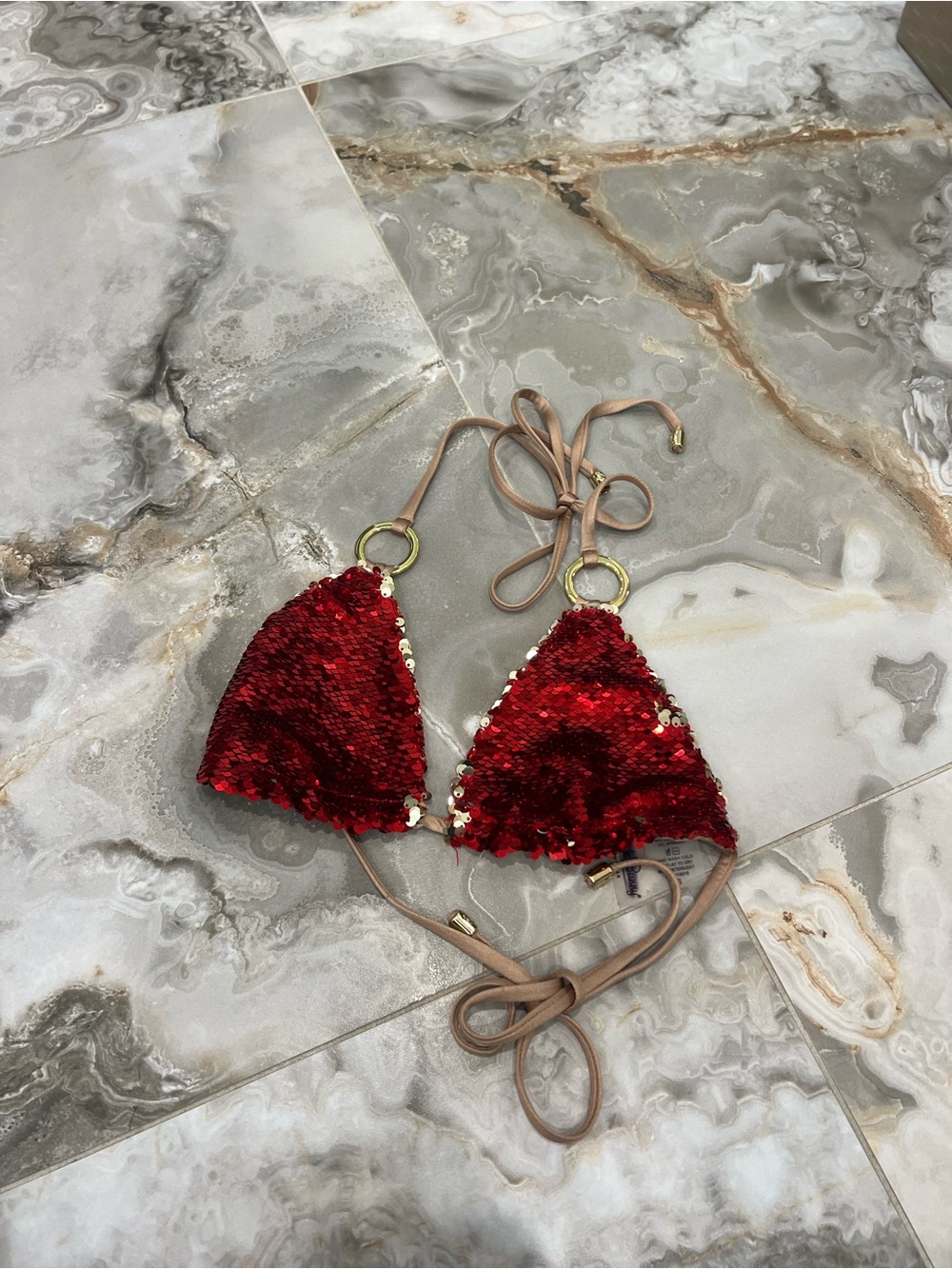 Beach bunny Sequin Triangle Red Bikini Top with Gold Rings